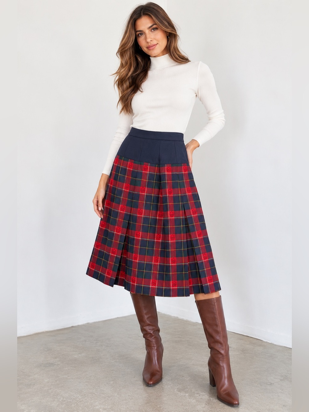 Handmade Plaid Pleated Midi Skirt in Navy & Red Size M Preppy Fall Academia